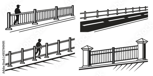 A series of four different types of fences in a black and white illustration Vector