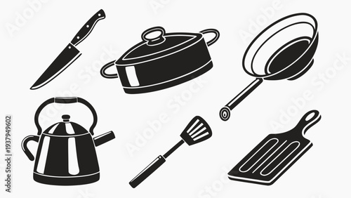 A variety of kitchen utensils and tools arranged neatly on a white background. Vector