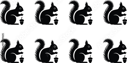 Silhouette illustration of squirrels holding acorns arranged in pattern, emphasizing wildlife, nature, and playful animal design elements for creative projects and backgrounds