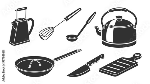 A variety of kitchen utensils and appliances neatly arranged on a flat surface Vector