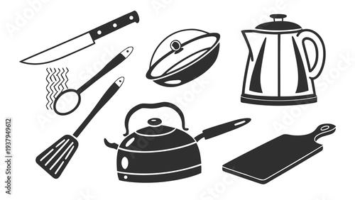 A collection of kitchen utensils and appliances for cooking and baking. Vector