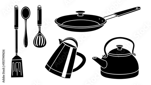 A variety of cooking utensils and tools displayed in a black and white illustration Vector