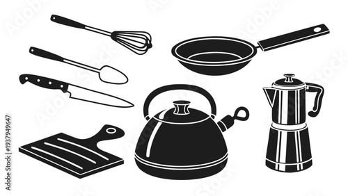 A variety of kitchen utensils and appliances arranged on a white background Vector