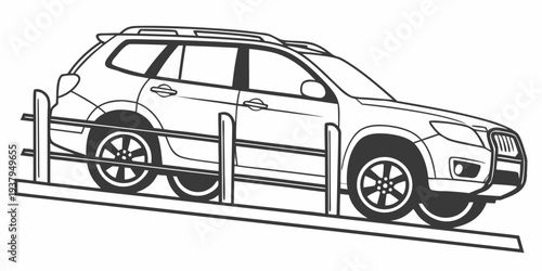 A detailed illustration of a car parked on a street with visible features and design elements. Vector