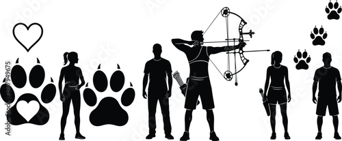 Archery hunter silhouettes with bow arrow and paw print hearts, outdoor hunting sport vector illustration bundle