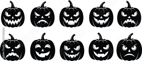 Halloween pumpkin faces silhouette vector set, scary jack o lantern expressions collection, spooky holiday clipart bundle