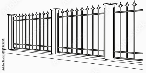A tall, ornate metal fence with intricate designs and pointed tops Vector