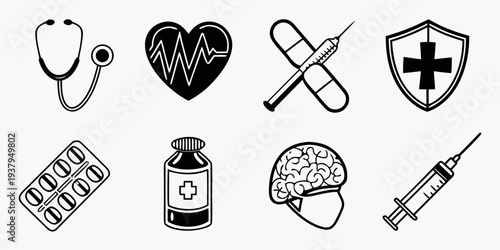 Medical icons representing various aspects of healthcare and treatment. Vector