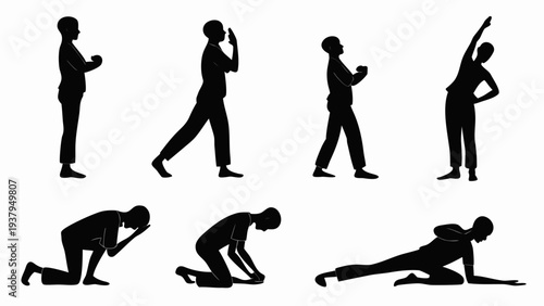 A series of black silhouettes depicting various yoga poses and stretches. Vector