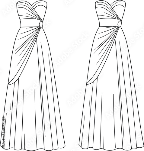 Strapless evening gown illustration with sweetheart neckline, draped overlay, pleated skirt, and decorative waist detail, perfect for fashion design, garment sketch, and apparel projects