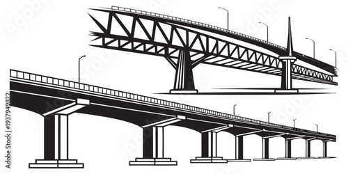 A detailed black and white illustration of a complex bridge structure with multiple spans Vector