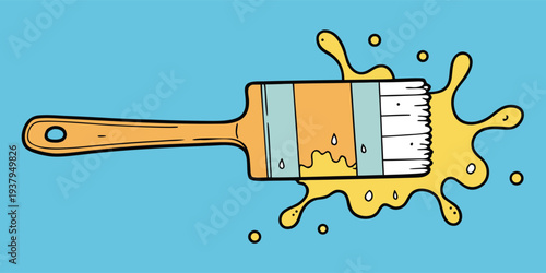 Brush with paint splatter on a blue background in vector art style