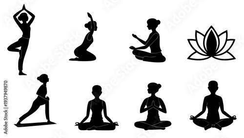 Eight yoga poses and a lotus flower symbolizing meditation and relaxation Vector
