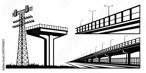 Modern elevated train station with signal tower and tracks in urban setting Vector