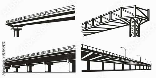 A collection of four distinct metal roofing structures with various designs and supports. Vector