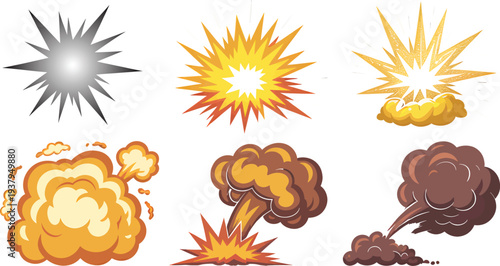 A versatile collection of comic-style explosion graphics featuring various dynamic blast effects, smoke clouds, and impact bursts, ideal for game design, animation, and digital art projects