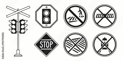Various traffic signs and symbols indicating different road conditions and regulations Vector