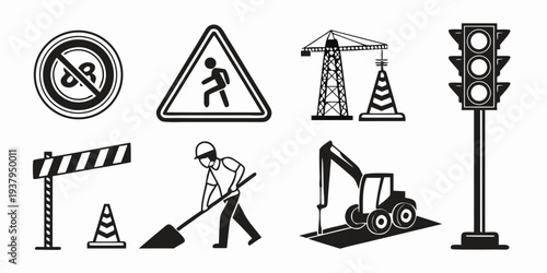 A collection of road construction and warning signs with a worker illustration Vector