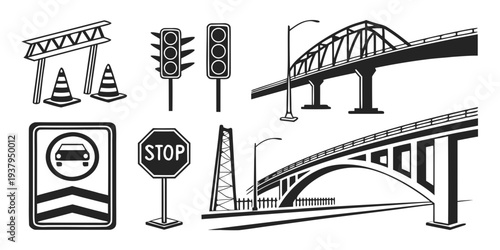 Illustration of various road signs, trees, and a bridge in black and white Vector