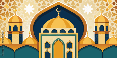 Beautiful vector illustration of a mosque with domes and minarets
