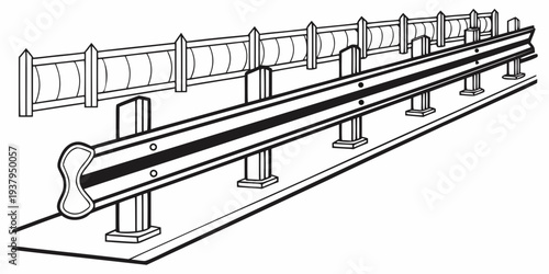 A detailed illustration of a long, straight metal rail with multiple supports Vector