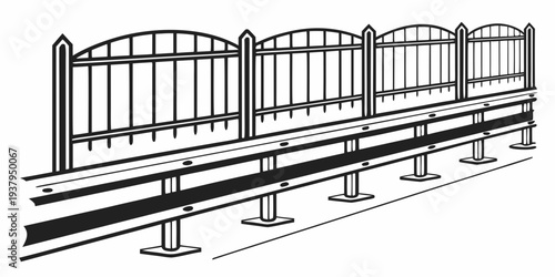 A detailed black and white illustration of a train on a track with a fence alongside it. Vector