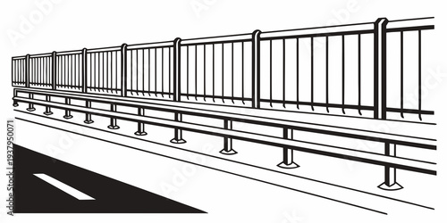 A detailed black and white illustration of a long, straight railway track. Vector
