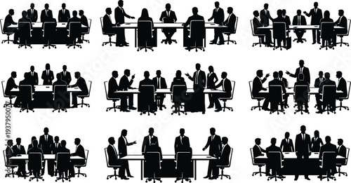 Business meeting silhouettes, corporate teamwork, boardroom discussion, professional collaboration, leadership presentation