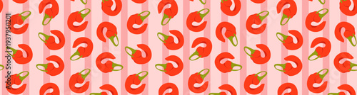 Seamless pattern with hand-drawn red hot chili peppers on a pink striped background. Spicy food texture for kitchen decor, textile design, and Mexican food packaging.