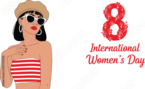 International Women’s Day March 8 Illustration with Stylish Woman in Sunglasses and Beret, Fashion Inspired Female Empowerment Celebration Design