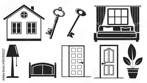 A collection of various home and furniture icons including a house, keys, and more. Vector
