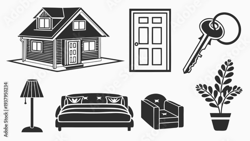 A collection of black and white icons representing various home and garden items Vector