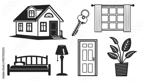A collection of various household items including a house, bed, lamp, and potted plant Vector