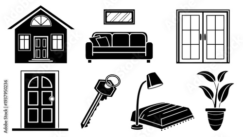 A collection of black and white icons representing various home elements and furniture. Vector