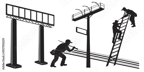 A construction worker is fixing a street light on a pole with a ladder. Vector