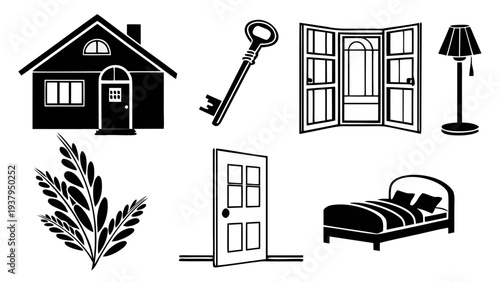Illustrations of various home-related items and symbols. Vector
