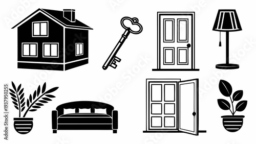A collection of various house and furniture icons including a house, door, key, lamp, and couch. Vector