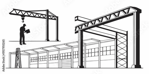 A detailed illustration of a construction site with various machinery and workers Vector