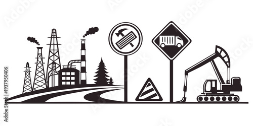 A diverse array of industrial symbols and icons representing various sectors. Vector