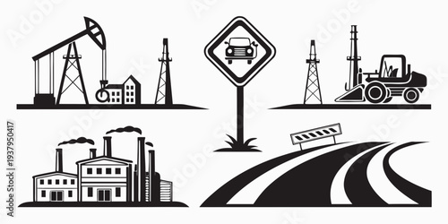 Illustration of industrial and construction equipment set on a road. Vector