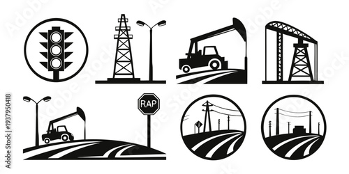 Industrial and agricultural equipment and infrastructure icons Vector