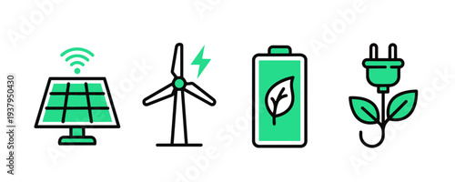 Renewable Energy Icons Set. Solar Panel Wind Turbine Green Battery Vector Illustration