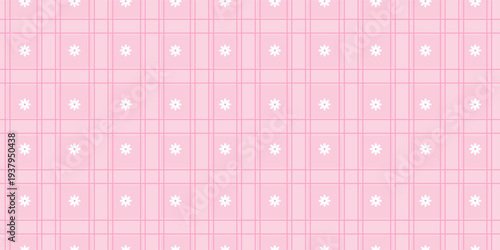 Delicate seamless pattern of small white daisy flowers on a pink checkered grid background. Feminine floral texture for baby girl nursery, spring decor, and apparel.