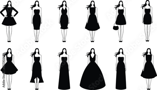 Women’s fashion silhouette illustration set featuring twelve black dress designs with varied lengths, cuts, and styles, perfect for clothing, couture, and design projects