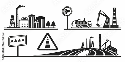 Illustration of industrial and construction hazards with road signs and warning symbols Vector