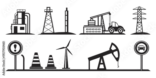Industrial and renewable energy icons representing various power sources and infrastructure. Vector