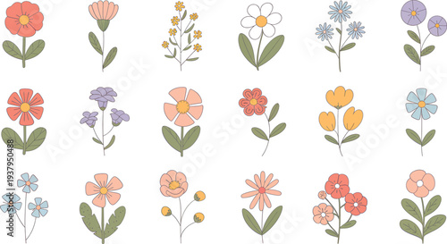 A collection of 18 stylized, cartoonish floral illustrations in a flat design style, featuring a variety of flower types and colors with green stems and leaves