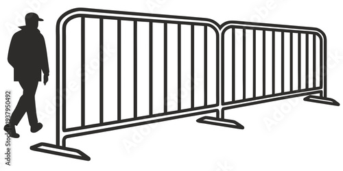 Man walking past a row of metal crowd control barriers on a sidewalk Vector