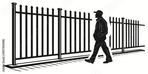 A person walking through an open gate in a tall, black metal fence. Vector