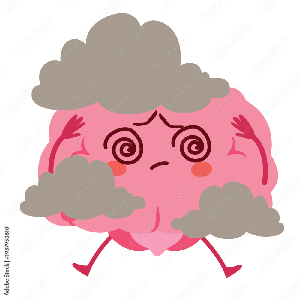 Obraz premium Cartoon vector illustration of a confused brain mascot surrounded by clouds representing brain fog, dizziness, mental fatigue and cognitive confusion